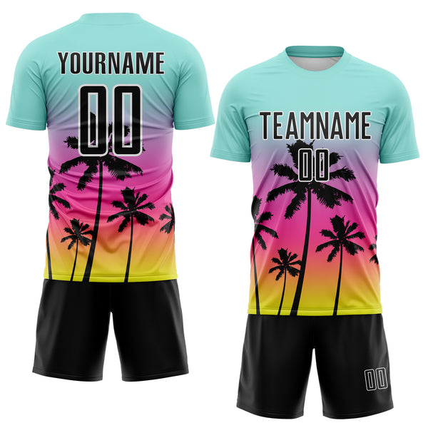 Custom Ice Blue Black Pink Neon Yellow-White Tropical Hawaii Palm Trees Gradient Sublimation Soccer Uniform Jersey