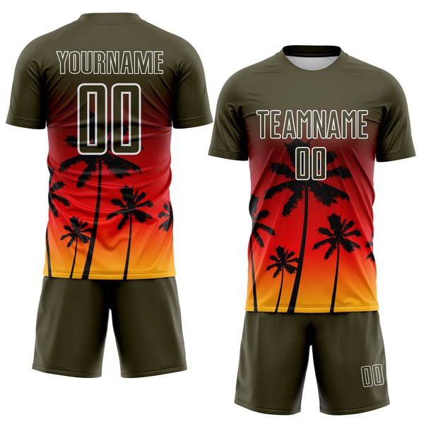 Custom Olive Fire Red Gold-White Tropical Hawaii Palm Trees Gradient Sublimation Soccer Uniform Jersey