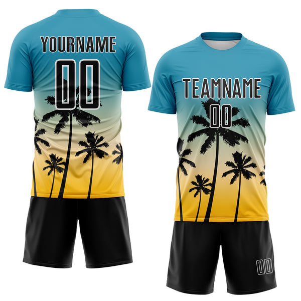 Custom Panther Blue Black Cream Gold-White Tropical Hawaii Palm Trees Gradient Sublimation Soccer Uniform Jersey