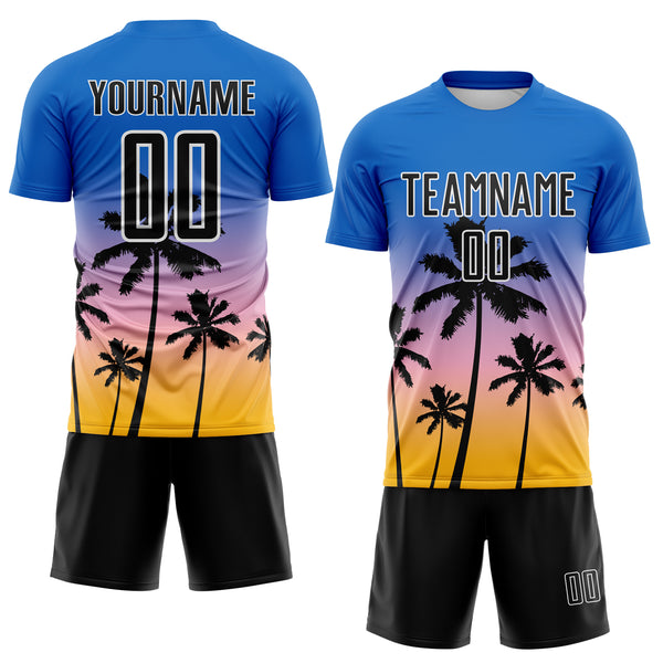 Custom Blue Black Light Pink Gold-White Tropical Hawaii Palm Trees Gradient Sublimation Soccer Uniform Jersey