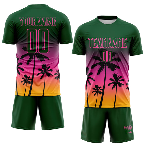 Custom Green Pink-Gold Tropical Hawaii Palm Trees Gradient Sublimation Soccer Uniform Jersey
