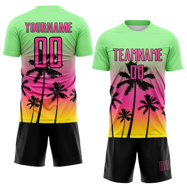 Custom Pea Green Pink Light Yellow-Black Tropical Hawaii Palm Trees Gradient Sublimation Soccer Uniform Jersey