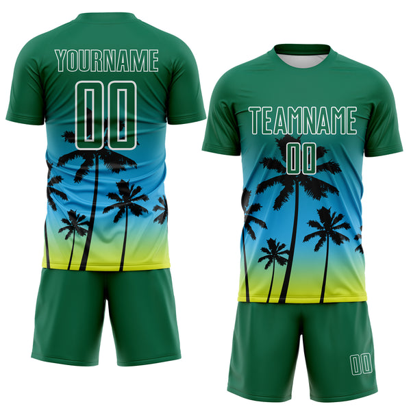 Custom Kelly Green Sky Blue Neon Yellow-White Tropical Hawaii Palm Trees Gradient Sublimation Soccer Uniform Jersey