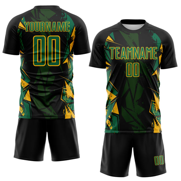 Custom Black Kelly Green-Gold Geometric Shard Grunge Splash Sublimation Soccer Uniform Jersey