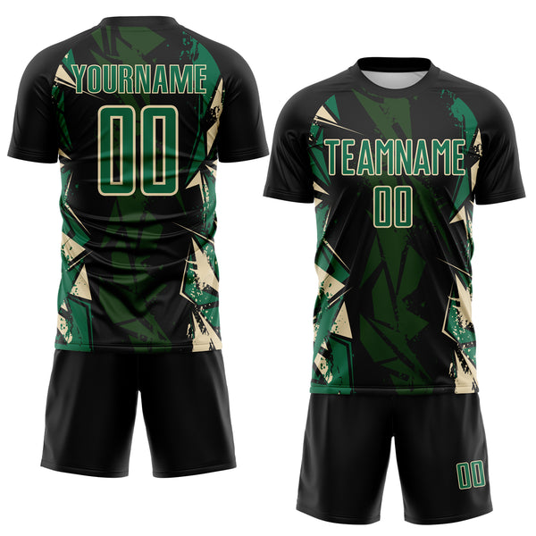 Custom Black Kelly Green-Cream Geometric Shard Grunge Splash Sublimation Soccer Uniform Jersey