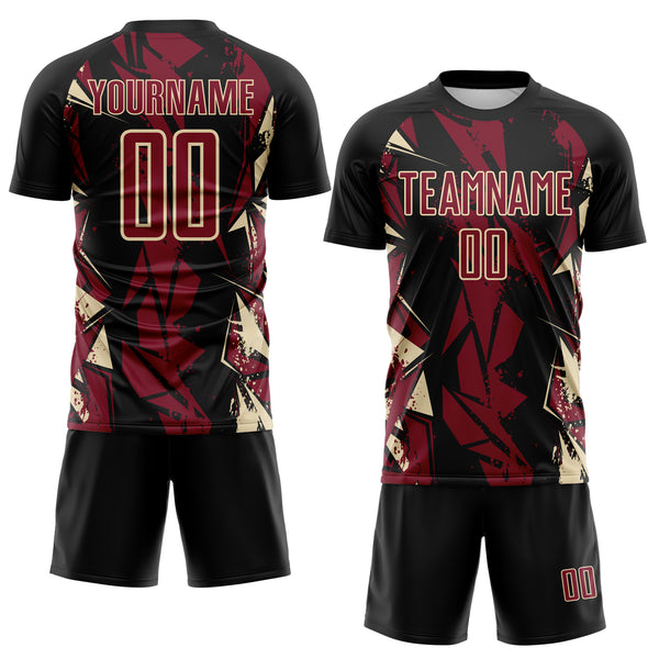 Custom Black Crimson-Cream Geometric Shard Grunge Splash Sublimation Soccer Uniform Jersey
