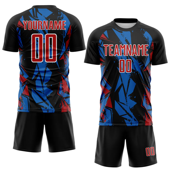 Custom Black Red Blue-White Geometric Shard Grunge Splash Sublimation Soccer Uniform Jersey