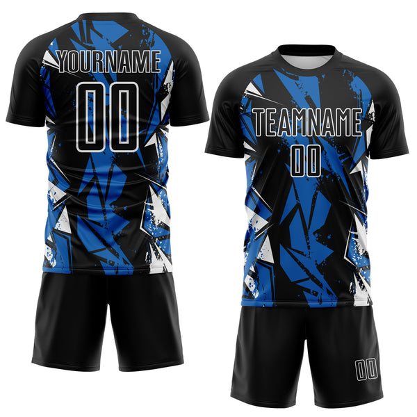 Custom Black Blue-White Geometric Shard Grunge Splash Sublimation Soccer Uniform Jersey