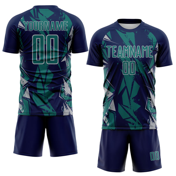 Custom Navy Teal-Gray Geometric Shard Grunge Splash Sublimation Soccer Uniform Jersey