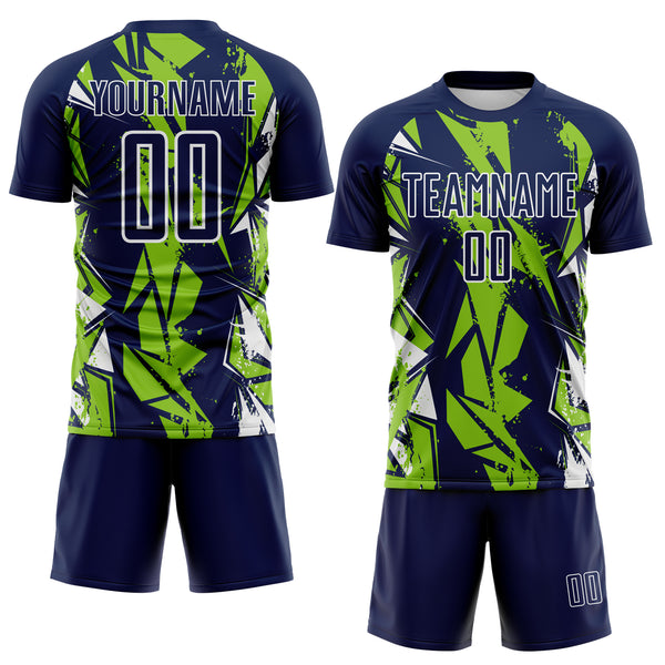 Custom Navy Neon Green-White Geometric Shard Grunge Splash Sublimation Soccer Uniform Jersey