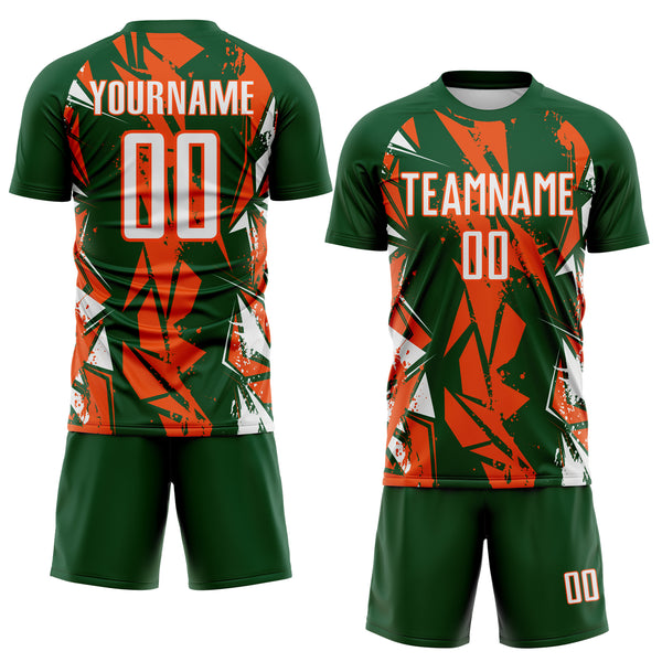 Custom Green White-Orange Geometric Shard Grunge Splash Sublimation Soccer Uniform Jersey