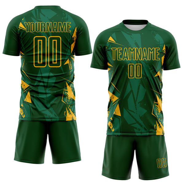 Custom Green-Gold Geometric Shard Grunge Splash Sublimation Soccer Uniform Jersey