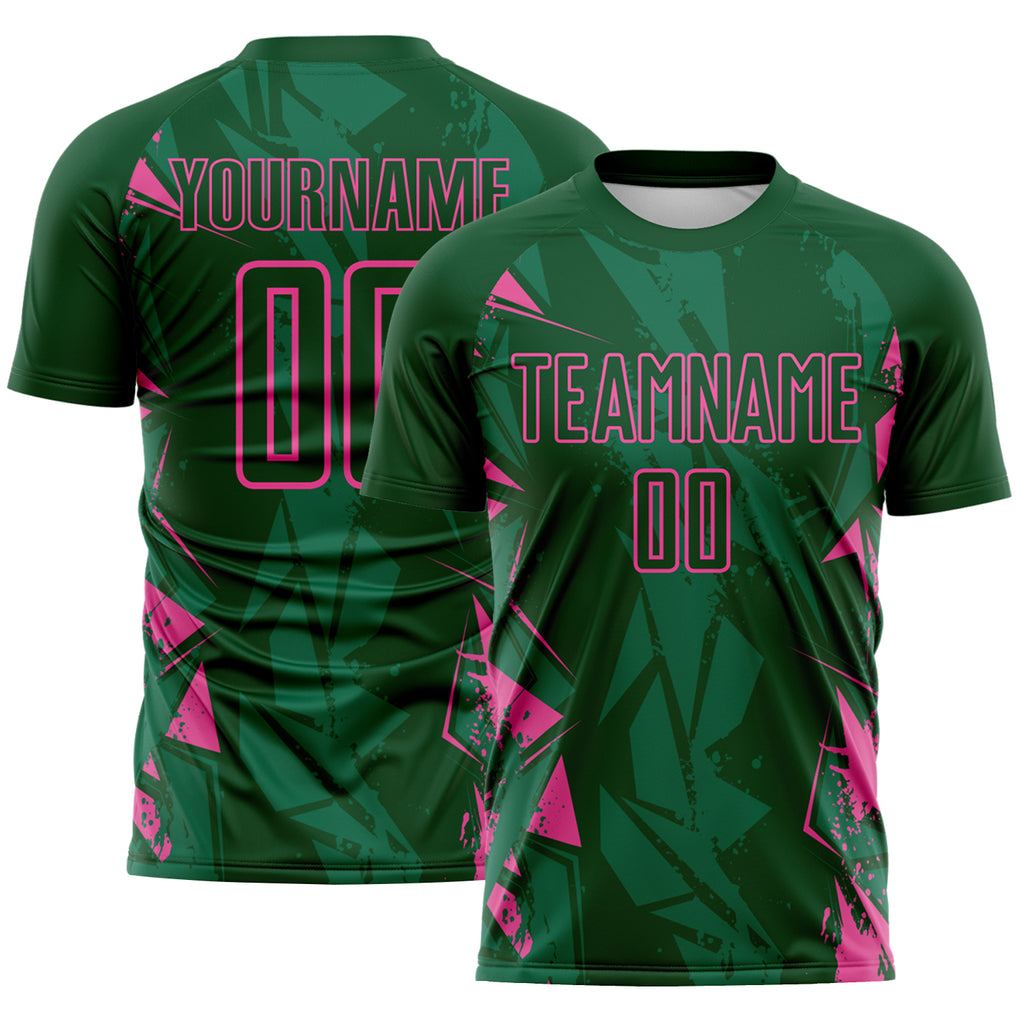 Custom Green-Pink Geometric Shard Grunge Splash Sublimation Soccer Uniform Jersey