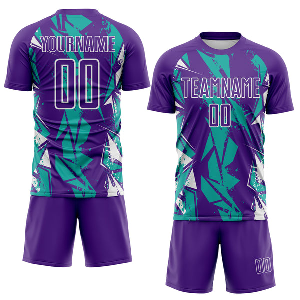 Custom Purple Aqua-White Geometric Shard Grunge Splash Sublimation Soccer Uniform Jersey