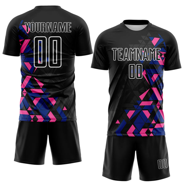 Custom Black Royal Pink-White Geometric Grid Gradient Sublimation Soccer Uniform Jersey