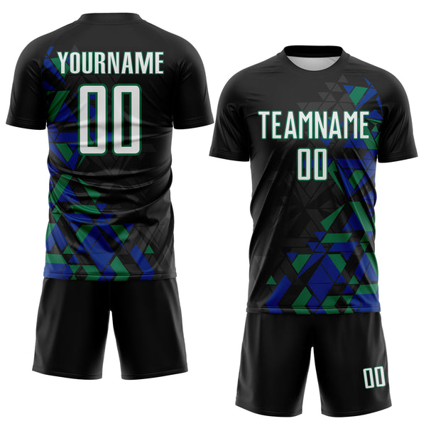 Custom Black White Royal-Kelly Green Geometric Grid Gradient Sublimation Soccer Uniform Jersey