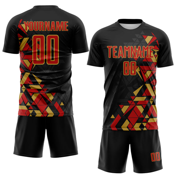 Custom Black Red-Old Gold Geometric Grid Gradient Sublimation Soccer Uniform Jersey