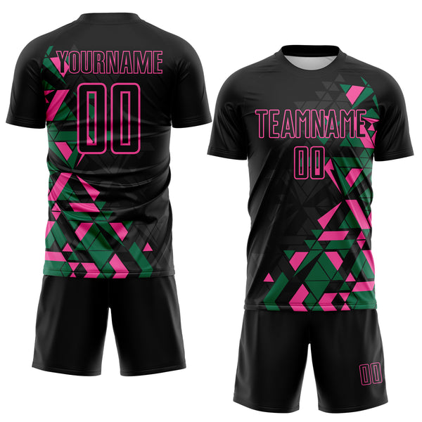 Custom Black Kelly Green-Pink Geometric Grid Gradient Sublimation Soccer Uniform Jersey