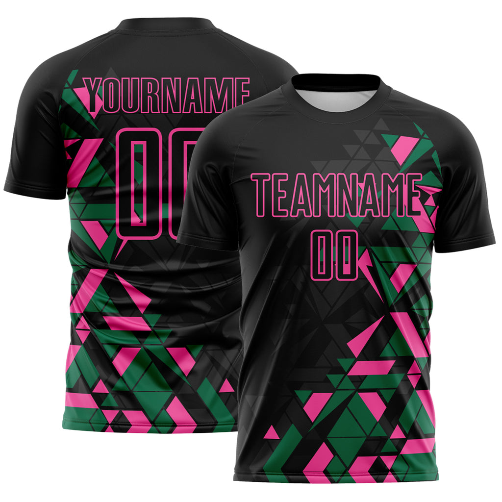 Custom Black Kelly Green-Pink Geometric Grid Gradient Sublimation Soccer Uniform Jersey