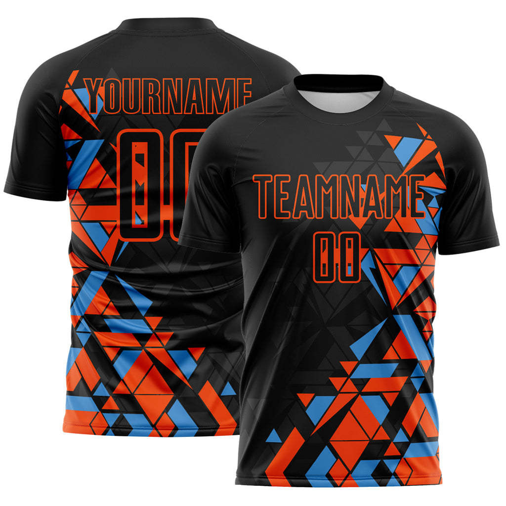 Custom Black Orange-Powder Blue Geometric Grid Gradient Sublimation Soccer Uniform Jersey