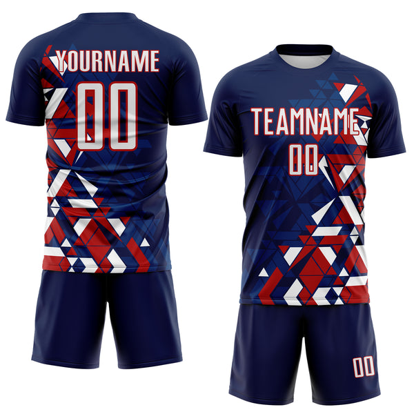 Custom Navy White US Navy Blue-Red Geometric Grid Gradient Sublimation Soccer Uniform Jersey