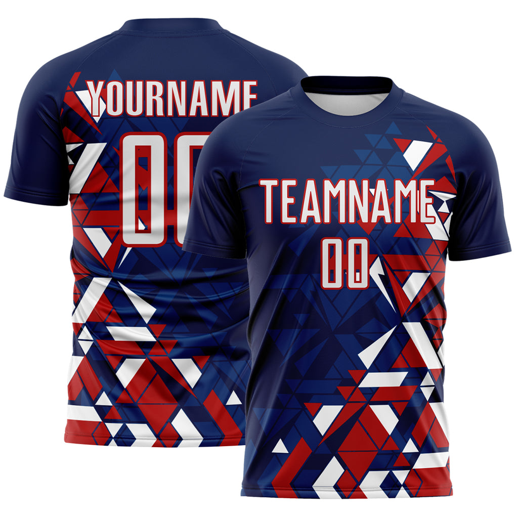 Custom Navy White US Navy Blue-Red Geometric Grid Gradient Sublimation Soccer Uniform Jersey