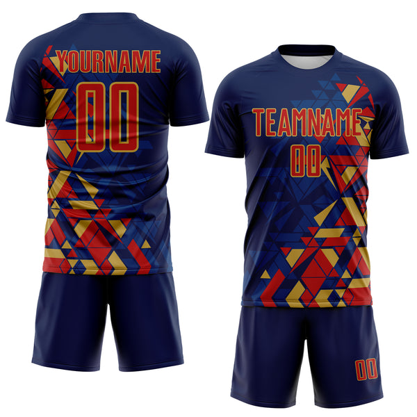 Custom Navy Red US Navy Blue-Old Gold Geometric Grid Gradient Sublimation Soccer Uniform Jersey