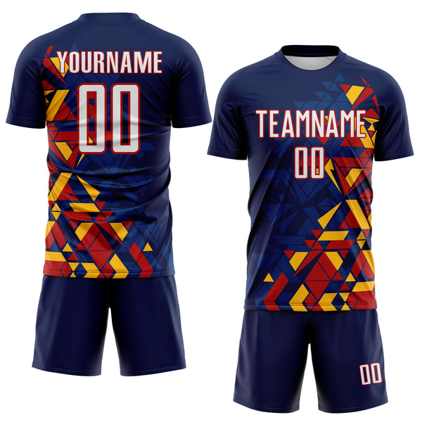 Custom Navy White US Navy Blue Red-Gold Geometric Grid Gradient Sublimation Soccer Uniform Jersey