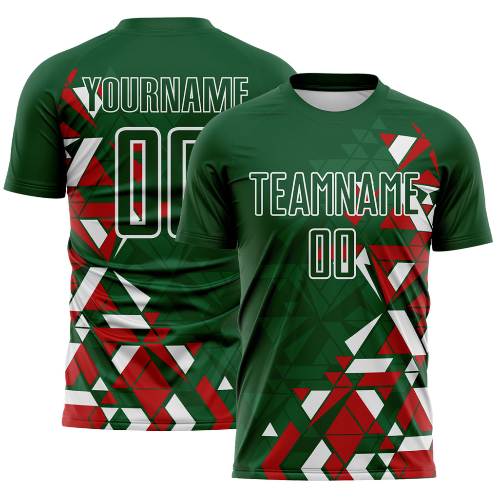 Custom Green Red-White Geometric Grid Gradient Sublimation Soccer Uniform Jersey