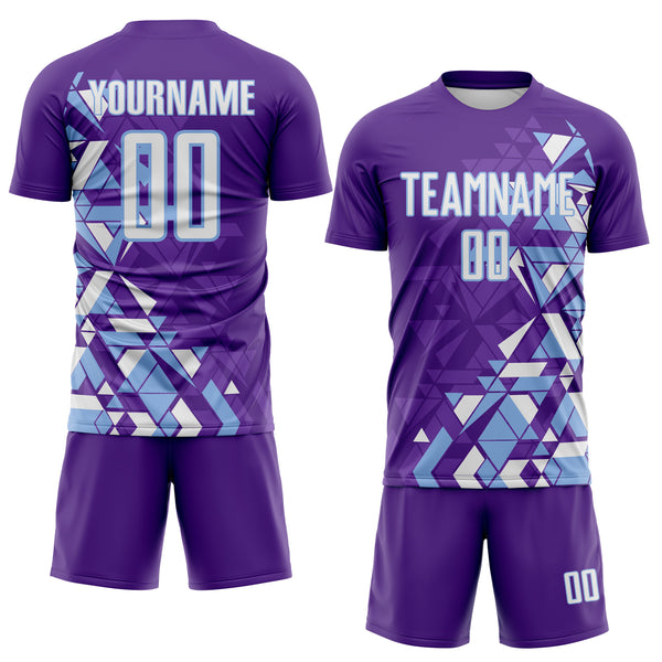 Custom Purple White-Light Blue Geometric Grid Gradient Sublimation Soccer Uniform Jersey