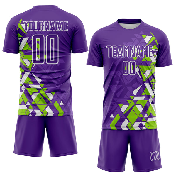 Custom Purple Neon Green-White Geometric Grid Gradient Sublimation Soccer Uniform Jersey