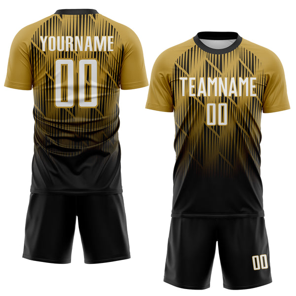 Custom Black White-Old Gold Spiked Sharp Lines Gradient Sublimation Soccer Uniform Jersey