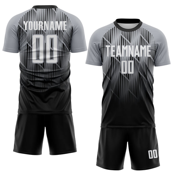 Custom Black White-Gray Spiked Sharp Lines Gradient Sublimation Soccer Uniform Jersey