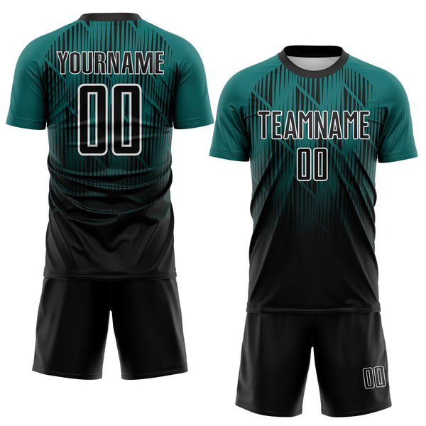 Custom Black Teal-White Spiked Sharp Lines Gradient Sublimation Soccer Uniform Jersey