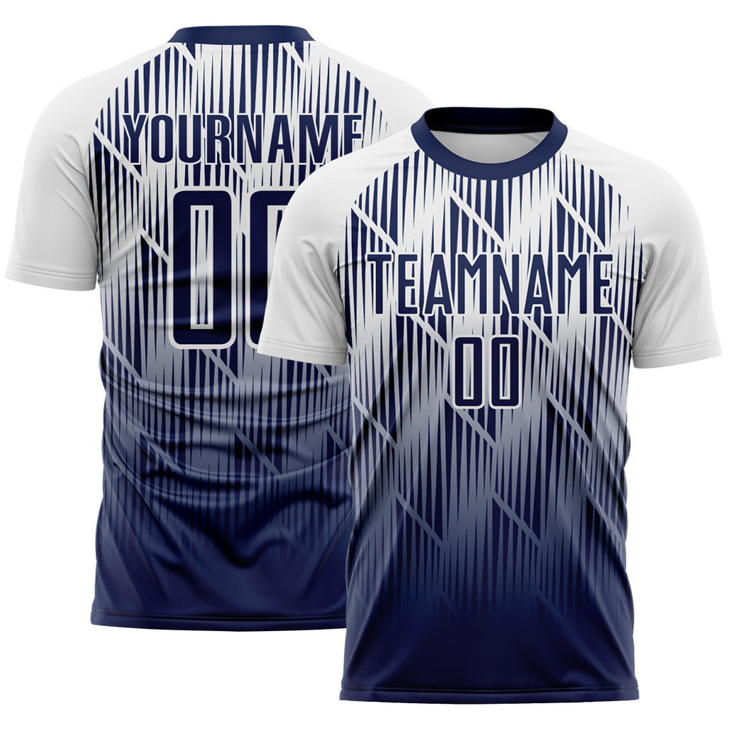 Custom Navy-White Spiked Sharp Lines Gradient Sublimation Soccer Uniform Jersey