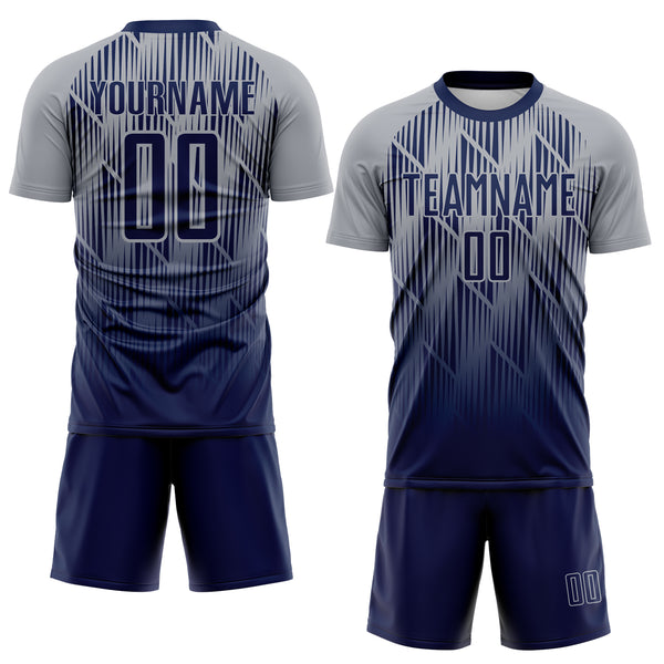 Custom Navy-Gray Spiked Sharp Lines Gradient Sublimation Soccer Uniform Jersey
