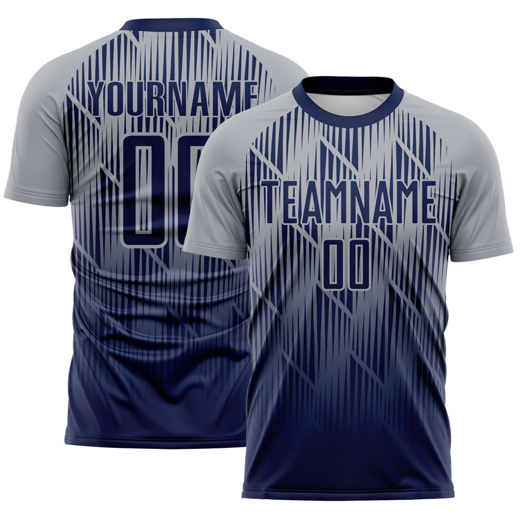 Custom Navy-Gray Spiked Sharp Lines Gradient Sublimation Soccer Uniform Jersey