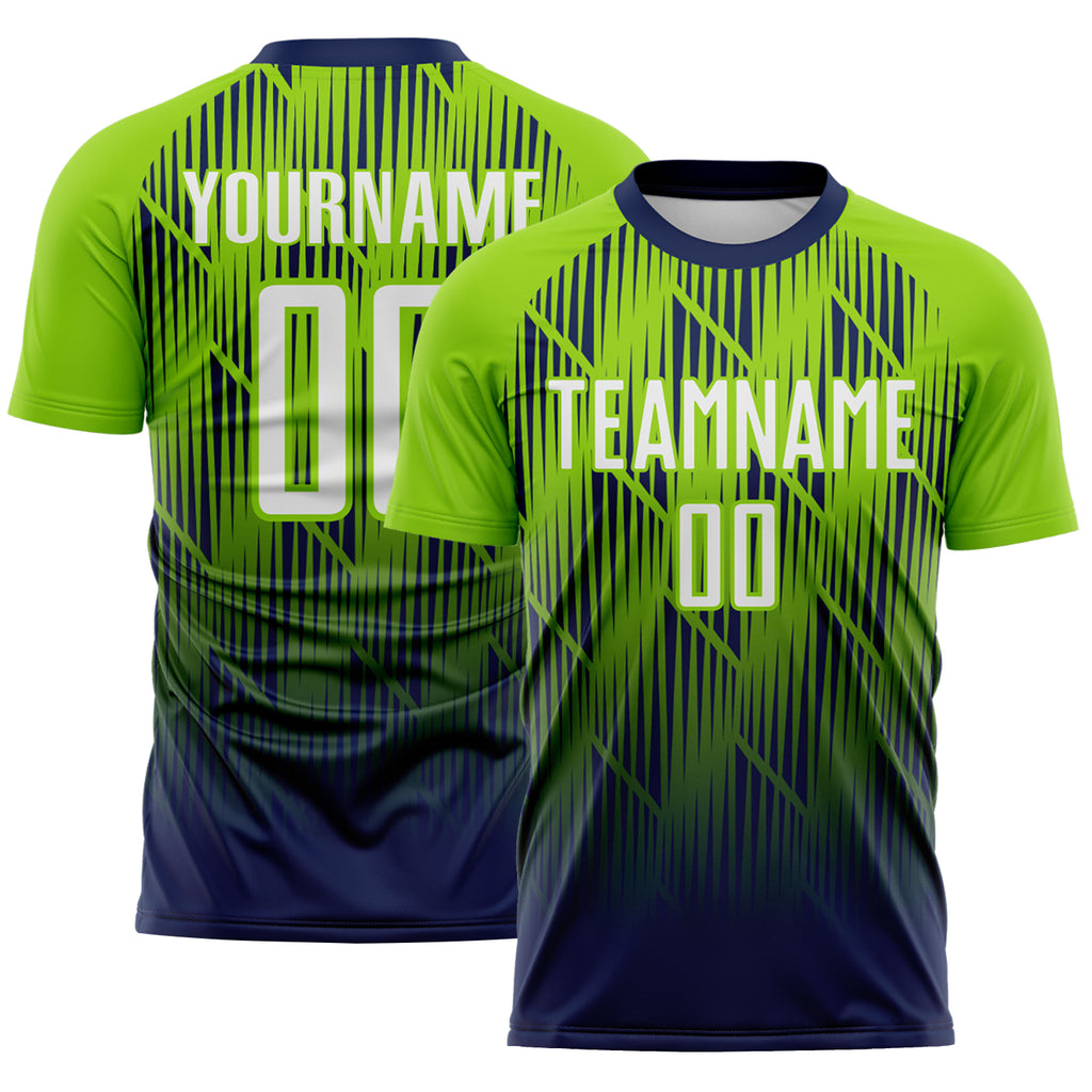 Custom Navy White-Neon Green Spiked Sharp Lines Gradient Sublimation Soccer Uniform Jersey