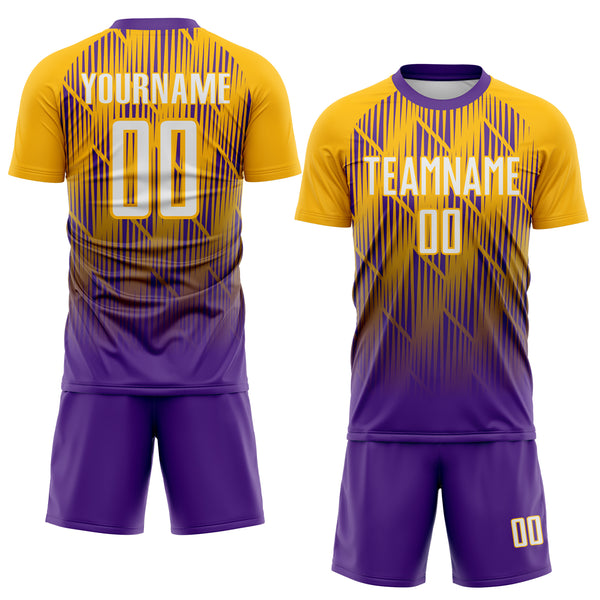 Custom Purple White-Gold Spiked Sharp Lines Gradient Sublimation Soccer Uniform Jersey
