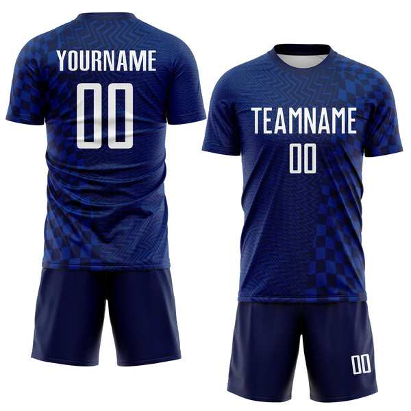 Custom Royal White-Navy Geometric Patchwork Asymmetry Checkered Zigzag Lines Sublimation Soccer Uniform Jersey