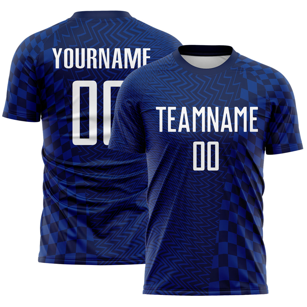 Custom Royal White-Navy Geometric Patchwork Asymmetry Checkered Zigzag Lines Sublimation Soccer Uniform Jersey
