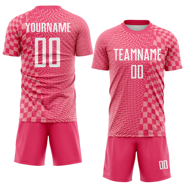 Custom Neon Pink White-Medium Pink Geometric Patchwork Asymmetry Checkered Zigzag Lines Sublimation Soccer Uniform Jersey