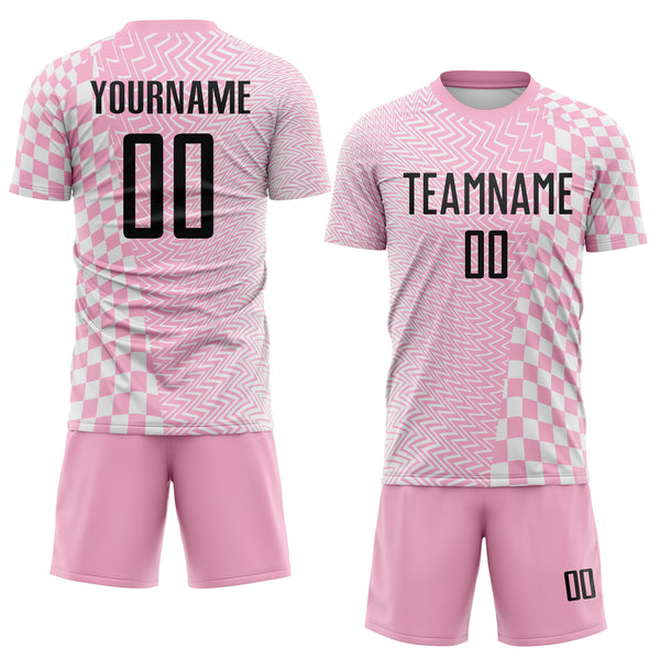 Custom Light Pink Black-White Geometric Patchwork Asymmetry Checkered Zigzag Lines Sublimation Soccer Uniform Jersey