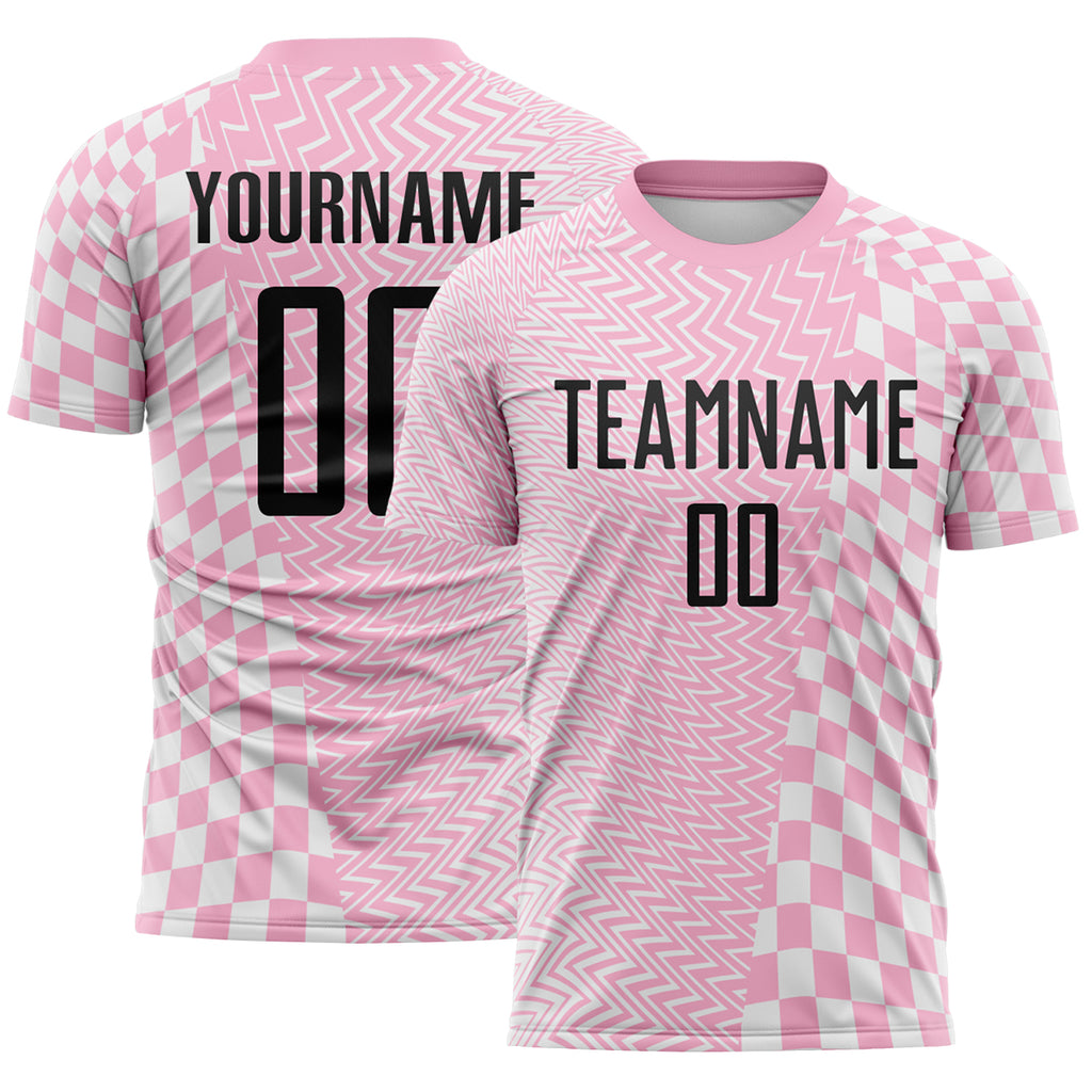 Custom Light Pink Black-White Geometric Patchwork Asymmetry Checkered Zigzag Lines Sublimation Soccer Uniform Jersey