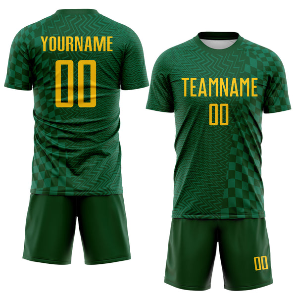 Custom Green-Yellow Geometric Patchwork Asymmetry Checkered Zigzag Lines Sublimation Soccer Uniform Jersey