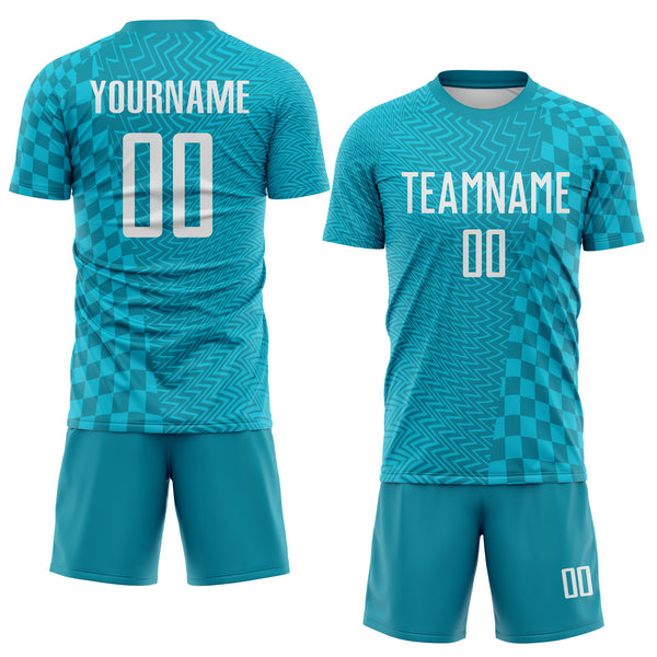 Custom Teal White-Lakes Blue Geometric Patchwork Asymmetry Checkered Zigzag Lines Sublimation Soccer Uniform Jersey
