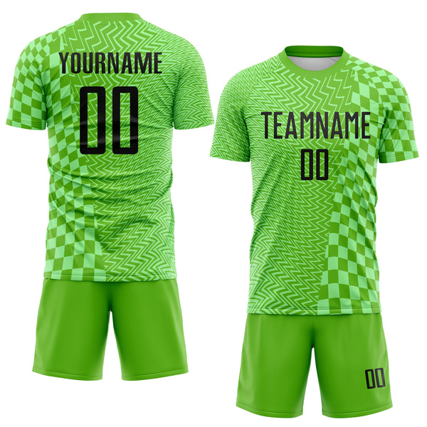 Custom Aurora Green Black-Pea Green Geometric Patchwork Asymmetry Checkered Zigzag Lines Sublimation Soccer Uniform Jersey