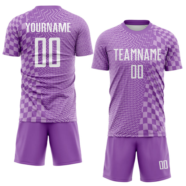 Custom Medium Purple White-Light Purple Geometric Patchwork Asymmetry Checkered Zigzag Lines Sublimation Soccer Uniform Jersey