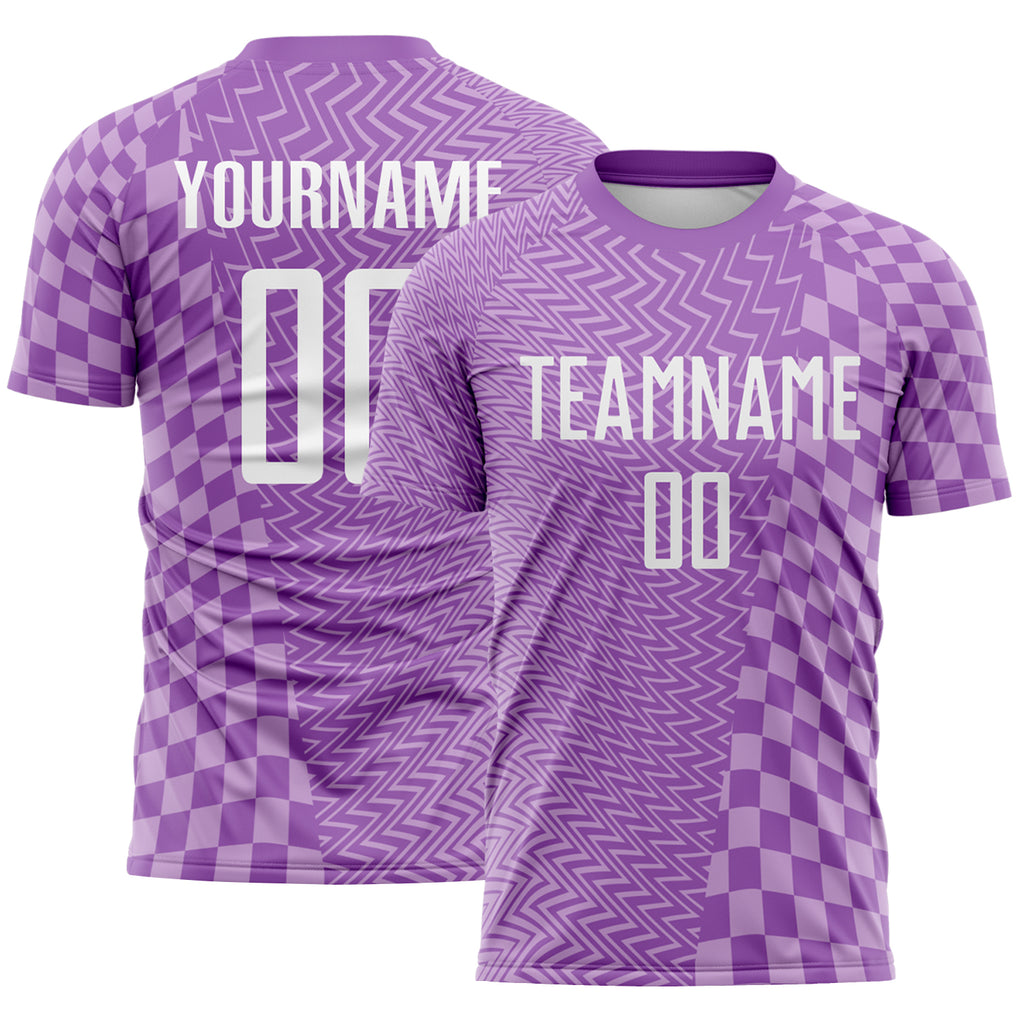 Custom Medium Purple White-Light Purple Geometric Patchwork Asymmetry Checkered Zigzag Lines Sublimation Soccer Uniform Jersey
