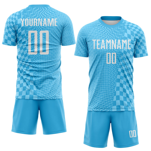 Custom Sky Blue-White Geometric Patchwork Asymmetry Checkered Zigzag Lines Sublimation Soccer Uniform Jersey
